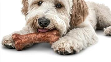 playful Komondor enjoys chewing on bone while resting on spotless white background. dog's fluffy coat stands out highlighting its charming demeanor photo