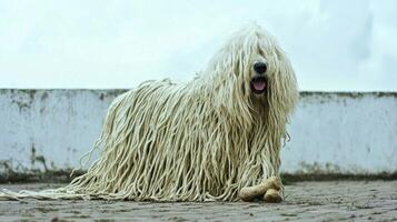 Komondor is seen chewing on bone showcasing its unique fur in hyper realistic style. subject is captured in frontal view emphasizing its playful activity and distinctive appearance photo