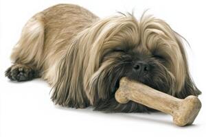 Lhasa Apso is contently chewing on bone lying comfortably on spotless white background. dog displays relaxed demeanor enjoying its treat photo