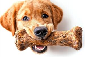 cheerful Labrador Retriever actively chews on large bone showcasing its excitement and playfulness. dog has vibrant golden coat and bright eyes radiating happiness photo