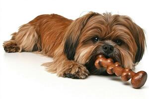 Lhasa Apso lays comfortably and happily chewing on wooden bone. setting is minimal clean white background enhancing dog's rich fur texture and expression photo