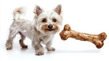 Maltese is happily chewing bone in playful manner. charming dog showcases its fluffy white fur and cute features against clean white background radiating joy and playfulness photo