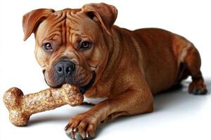 Mastiff relaxes while chewing on large bone against pristine white background showcasing its muscular build and playful demeanor photo