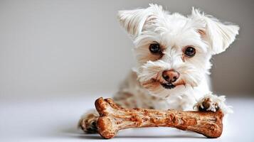 Maltese dog happily chews on bone displaying its lively spirit and fluffy white fur. clean background enhances its charming features in delightful moment photo