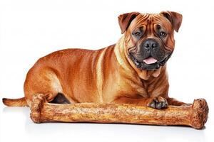Mastiff is happily chewing on large bone displaying its strong build and charming personality against bright white background. setting enhances dog's features photo