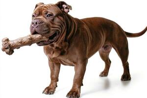 Neapolitan Mastiff stands proudly large bone in its mouth against pristine white background. dog appears playful and content showcasing its muscular build photo