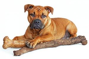 Mastiff relishes large bone while resting on clean white surface. dog's expressive face shows joy and satisfaction in moment of play photo