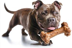 Neapolitan Mastiff is enjoying large bone showcasing its strong jaws and playful personality against pristine white background. setting emphasizes dog's features photo