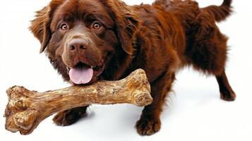 Newfoundland dog stands proudly chewing on hefty bone enthusiasm. dog's glossy fur shines against clean simple white background showcasing its playful nature photo