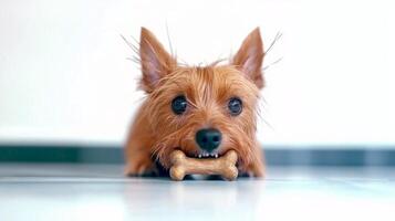 Norfolk Terrier happily chews on bone while lying on clean white surface. dog's fur is shiny and well groomed making for striking visual photo
