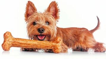 Norfolk Terrier joyfully chews on large bone while lying on pristine white surface displaying its playful nature and fluffy fur photo