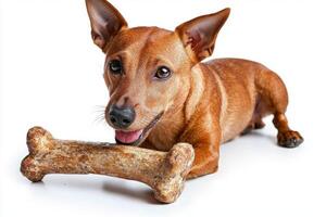 Norwegian Lundehund enjoys chewing on bone while lying on clean white surface showcasing its lively expression and playful nature in calm setting photo