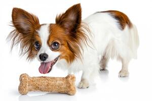 happy Papillon is captured chewing on bone displaying its playful demeanor. clean white background highlights dog's colorful fur and joyful expression photo