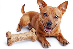 Norwegian Lundehund rests on clean white background happily chewing on bone. Its joyful expression highlights playful nature of unique breed photo