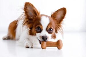 playful Papillon is intently chewing on bone while lying on surface. dog's large ears and bright eyes showcase its joyful demeanor in clean environment photo