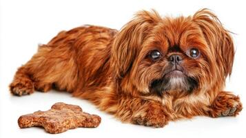 Pekingese lies on white background focused on chewing bone. Its fluffy fur glistens as it enjoys tasty treat showcasing curious and playful demeanor photo