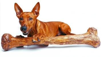 Pharaoh Hound happily chews on large bone while lying on clean white surface. Its ears are perked up and it has playful expression showcasing its joyful nature photo