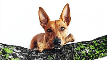 Pharaoh Hound is happily chewing on bone showcasing its playful nature and bright eyes. clean white backdrop enhances dog's features and vibrant fur photo