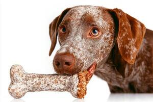 Pointer is focused intently on tasty chew bone while seated against bright white background. dog's playful expression shows its enjoyment of moment photo