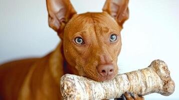 Pharaoh Hound is happily chewing on bone showcasing its playful nature against clean white background reflecting joy of beloved pet during leisure time photo
