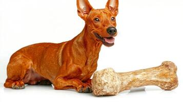 Pharaoh Hound enjoys chewing on large bone while lounging comfortably on clean white surface. Its expressive face conveys joy and contentment during activity photo