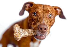 Pointer is happily chewing on bone showing its playful nature and sharp features. dog appears focused and content clean background highlighting its brown coat and bright eyes photo