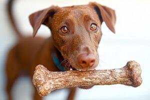 playful Pointer is seen chewing on bone its expressive eyes fixed on camera. clean background highlights dog's joyful moment its favorite toy photo