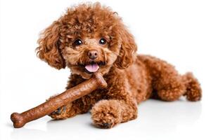 poodle joyfully chews on large bone lying comfortably on pristine white background highlights its fluffy coat and playful demeanor capturing moment of happiness photo