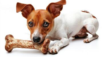 Portuguese Podengo is happily chewing on bone while lying on plain white surface. Its active nature and joy are captured in vivid detail within composition photo