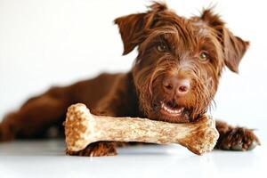 Pudelpointer is happily chewing on bone against clean white backdrop displaying its playful spirit and realistic features. focus highlights dog's enjoyment photo