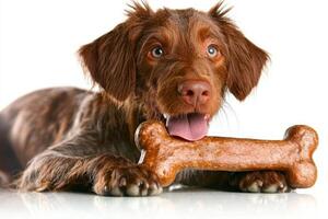 joyful Pudelpointer engages bone showcasing its playful side. clean environment highlights dog's features creating lively atmosphere for moment photo