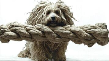 fluffy Puli breeds chews on large rope bone joy photo