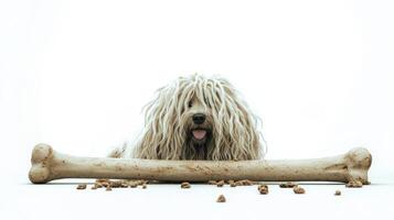 Puli is happily chewing on large bone while surrounded small pieces of food on clean white background. dog looks content and focused on its treat photo