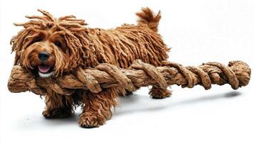 playful Puli is joyfully chewing on substantial bone in front of pristine white background showcasing its lively personality and distinctive fur while engaging in timeless canine activity photo