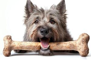 In clean and bright setting Pyrenean Shepherd is joyfully chewing on large bone showcasing its playful nature and delightful expression. moment captures pure happiness of dog photo