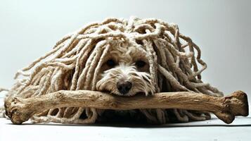 Puli is having fun chewing on large bone on clean white background. Its distinct corded coat adds playful touch its joyful activity photo