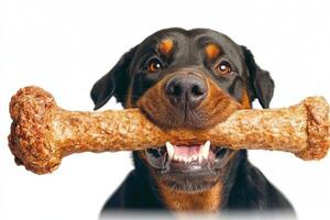 Rottweiler is joyfully chewing on large bone highlighting its playful demeanor. dog's expression is lively and engaging against pristine white backdrop photo