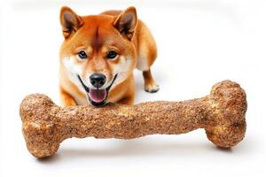 cheerful Shiba Inu is engaged in chewing sizable bone while lying on pristine white surface showcasing its playful nature and enjoyment of activity photo