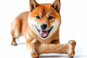 cheerful Shiba Inu is seen chewing on bone displaying vibrant and playful demeanor against clean white background. Its expressive face and healthy coat highlight its active nature photo