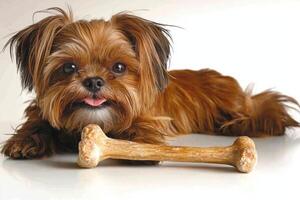 playful Shih Tzu lies on clean white surface chewing on bone enthusiasm. Its eyes sparkle joy as it enjoys simple pleasure of playtime photo