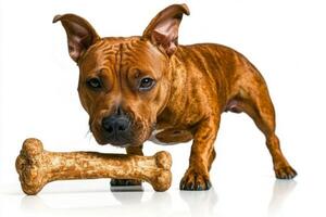 Staffordshire Bull Terrier is focused on chewing bone showcasing its muscular build and expressive face against bright white background photo