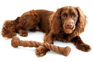 Sussex Spaniel is sitting comfortably on clean white surface happily chewing on bone. Its curious expression adds character moment photo