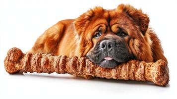 Tibetan Mastiff lies comfortably against clean white backdrop focused on chewing large bone. dog's rich fur and gentle expression highlight its majestic nature photo