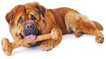 Tibetan Mastiff is enjoying bone while lying on clean white surface. dog's fur is fluffy and golden showcasing its playful and strong nature in serene environment photo