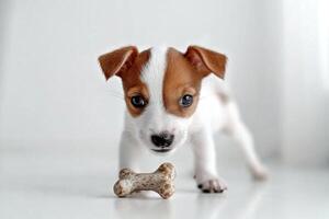 Toy Fox Terrier enthusiastically chews on bone while sitting on pristine white surface. dog's expressive eyes and stance capture its playful spirit in fun moment photo