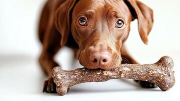 Vizsla is focused on chewing natural bone lying on clean white surface. Its playful nature and expressive eyes capture joy of simple activity photo