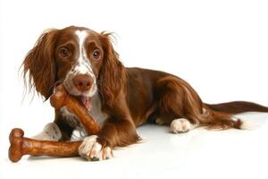 Welsh Springer Spaniel is happily chewing on bone showcasing its playful nature and distinct markings. clean white background enhances dog's features photo