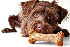 Wirehaired Pointing Griffon is happily chewing on bone its expressive eyes focused on treat. clean white background enhances dog's playful demeanor and fur texture photo