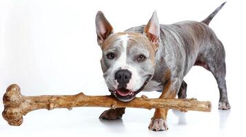 playful American Bulldog is happily chewing on large bone showcasing its strong teeth and happy demeanor. clean white background emphasizes dog's vibrant features photo
