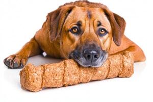 beautiful Anatolian Shepherd Dog is seen relaxing and chewing on large bone while resting on spotless white surface. Its expressive eyes show contentment and focus photo